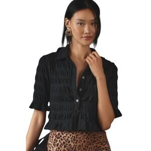 NEW Maeve for Anthropologie Smocked Button-Front Top Women’s Size Small Black